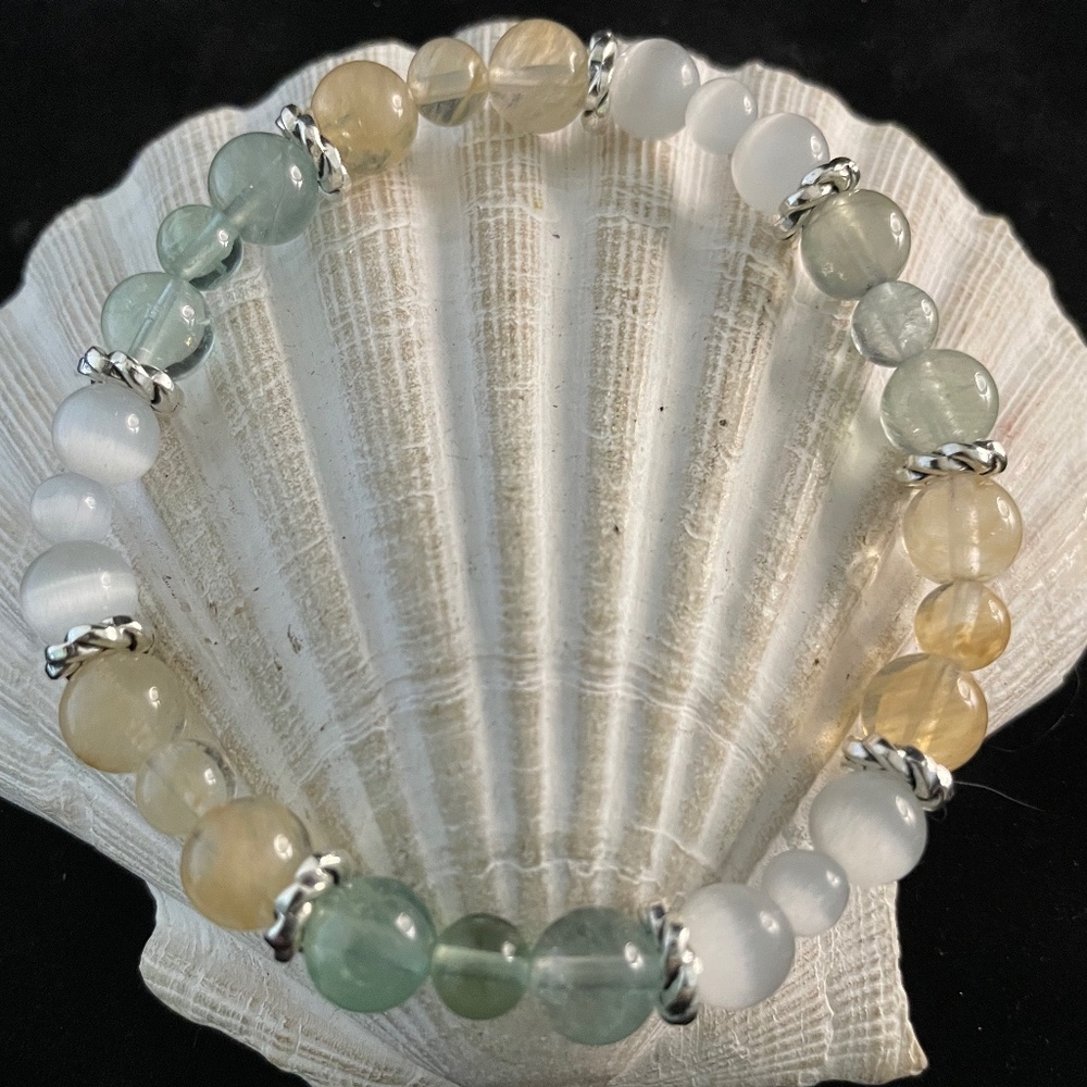 Fight Cancer With Fluorite, Citrine, Selenite, Beaded Stretch Bracelet